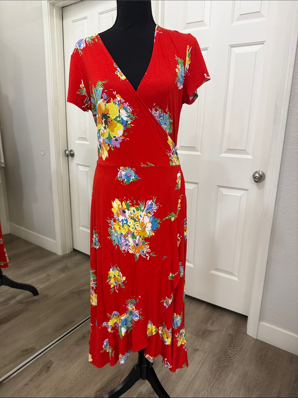 Red Floral Wrap Midi Dress -Ralph Lauren